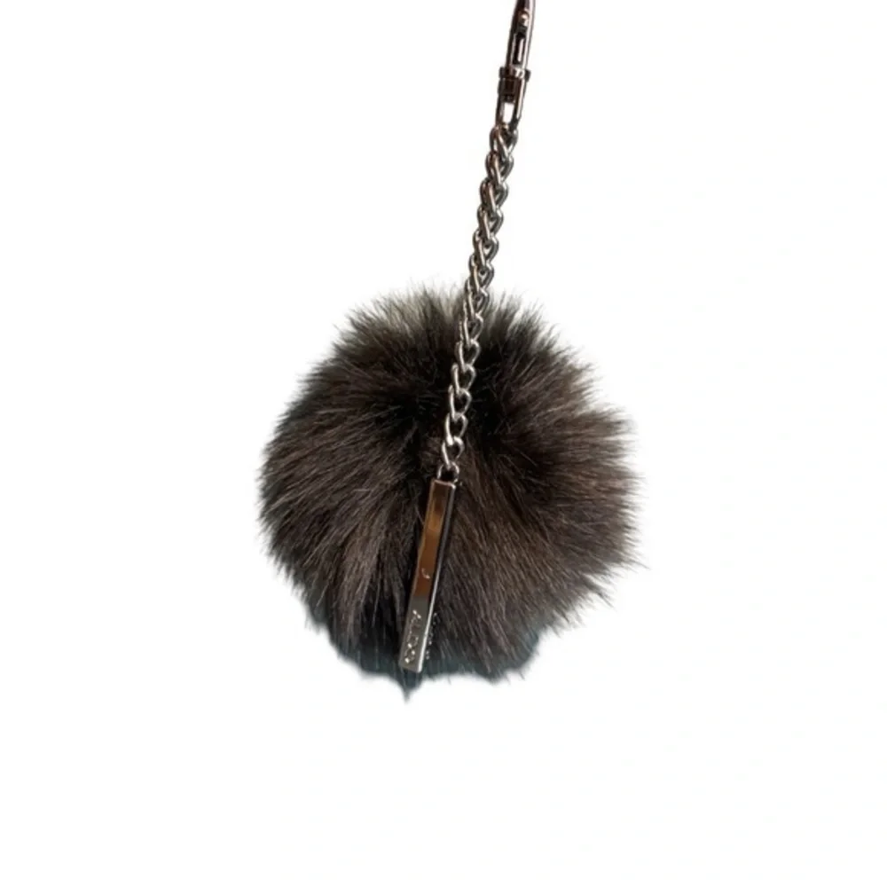 Black & Gunmetal Poof Circle Fuzzy Fur Aldo Bag Charm Key Chain EUC